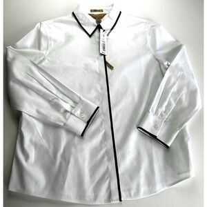 NWT Investments White w/ black trim Non-Iron Brooke long‎ sleeve button up 14P